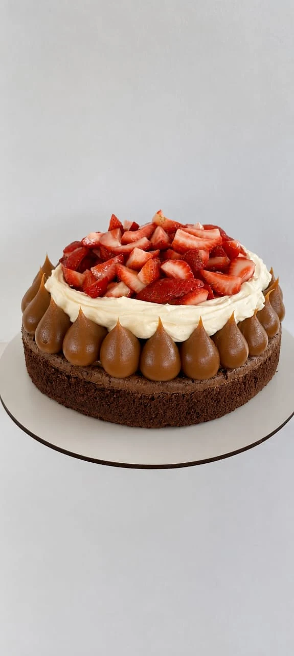 Torta brownie con dulce de leche, crema y frutillas